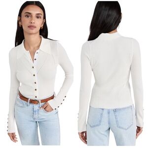 Veronica Beard White Fiola Ribbed Long Sleeve Slim Cardigan Small